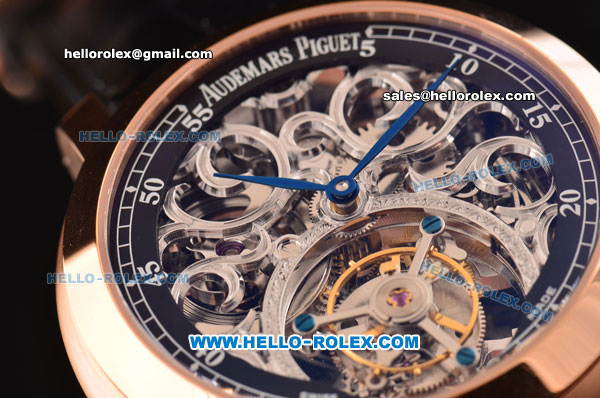 Audemars Piguet Jules Audemars Swiss Tourbillon Manual Winding Movement Rose Gold Case with Black Leather Strap and Skeleton Dial - Click Image to Close